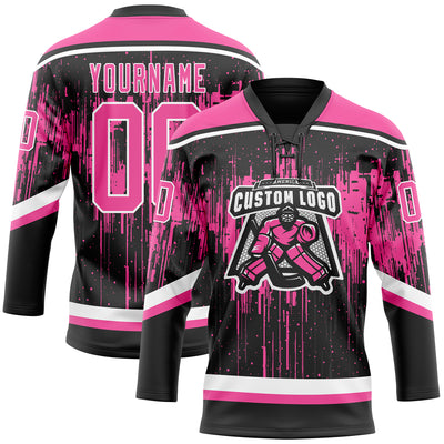 Custom Black Pink Steel Gray-White Dripping Splatter Pattern Hockey Lace Neck Jersey