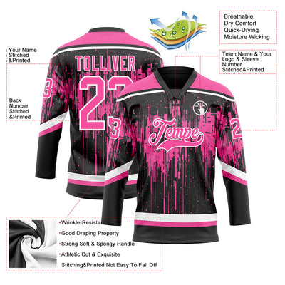 Custom Black Pink Steel Gray-White Dripping Splatter Pattern Hockey Lace Neck Jersey