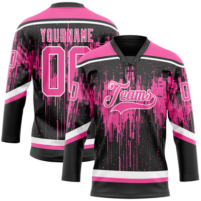 Custom Black Pink Steel Gray-White Dripping Splatter Pattern Hockey Lace Neck Jersey