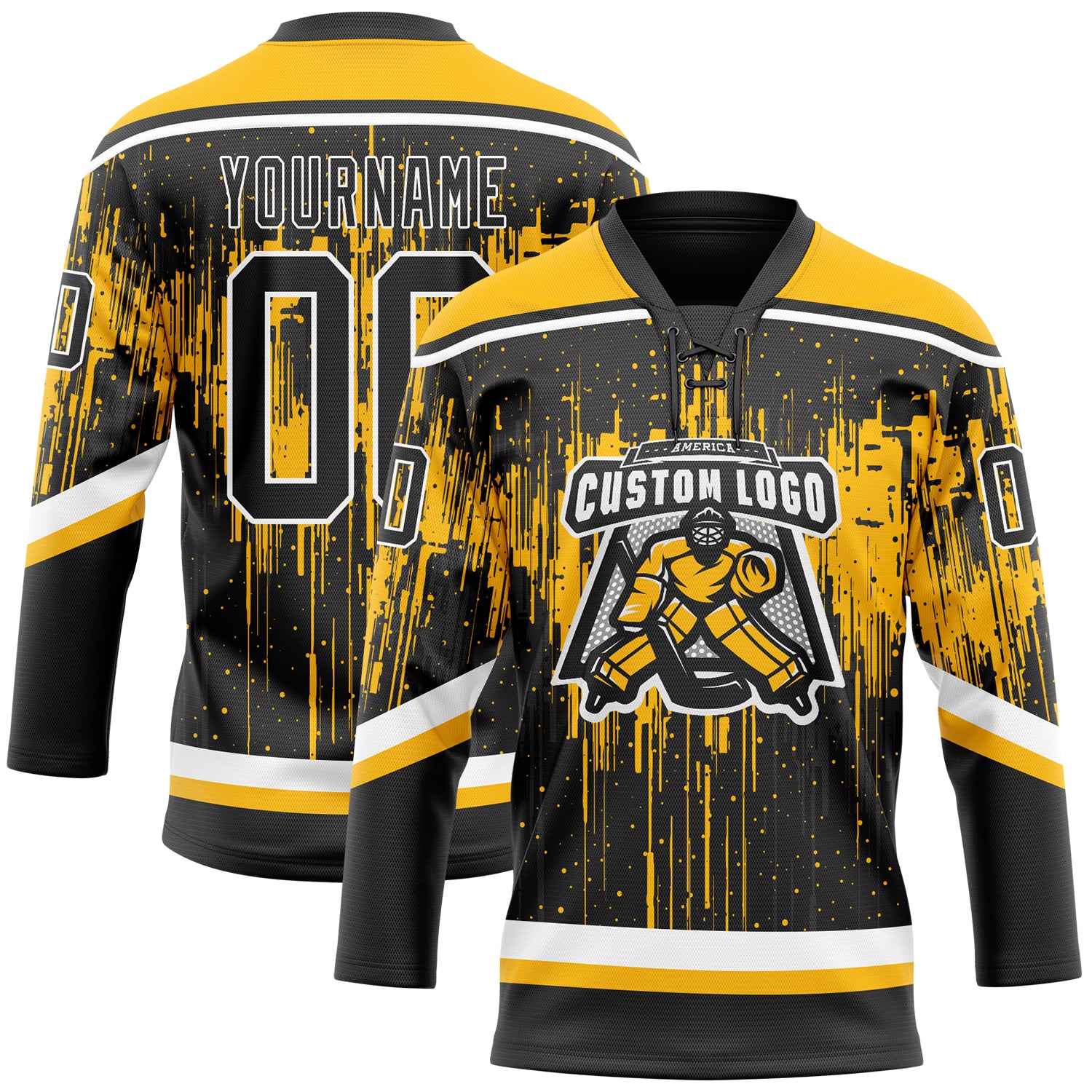 Custom Black Gold Steel Gray-White Dripping Splatter Pattern Hockey Lace Neck Jersey