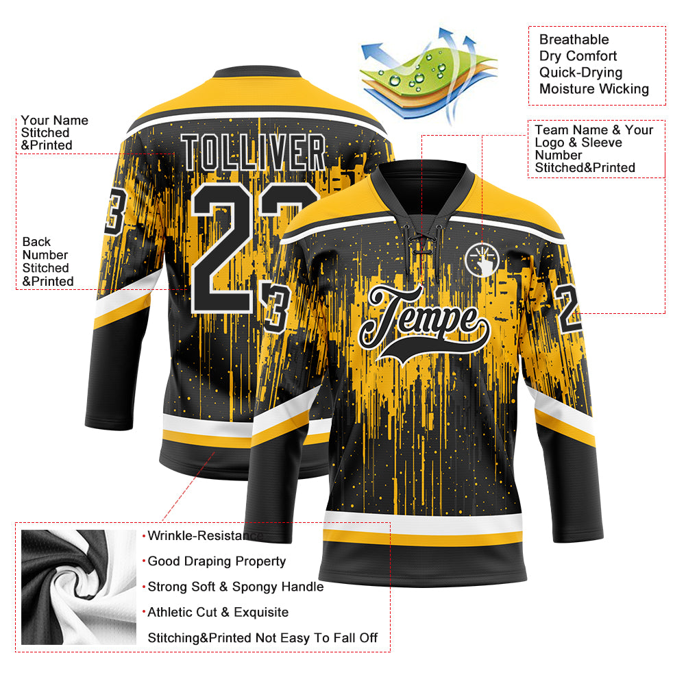 Custom Black Gold Steel Gray-White Dripping Splatter Pattern Hockey Lace Neck Jersey