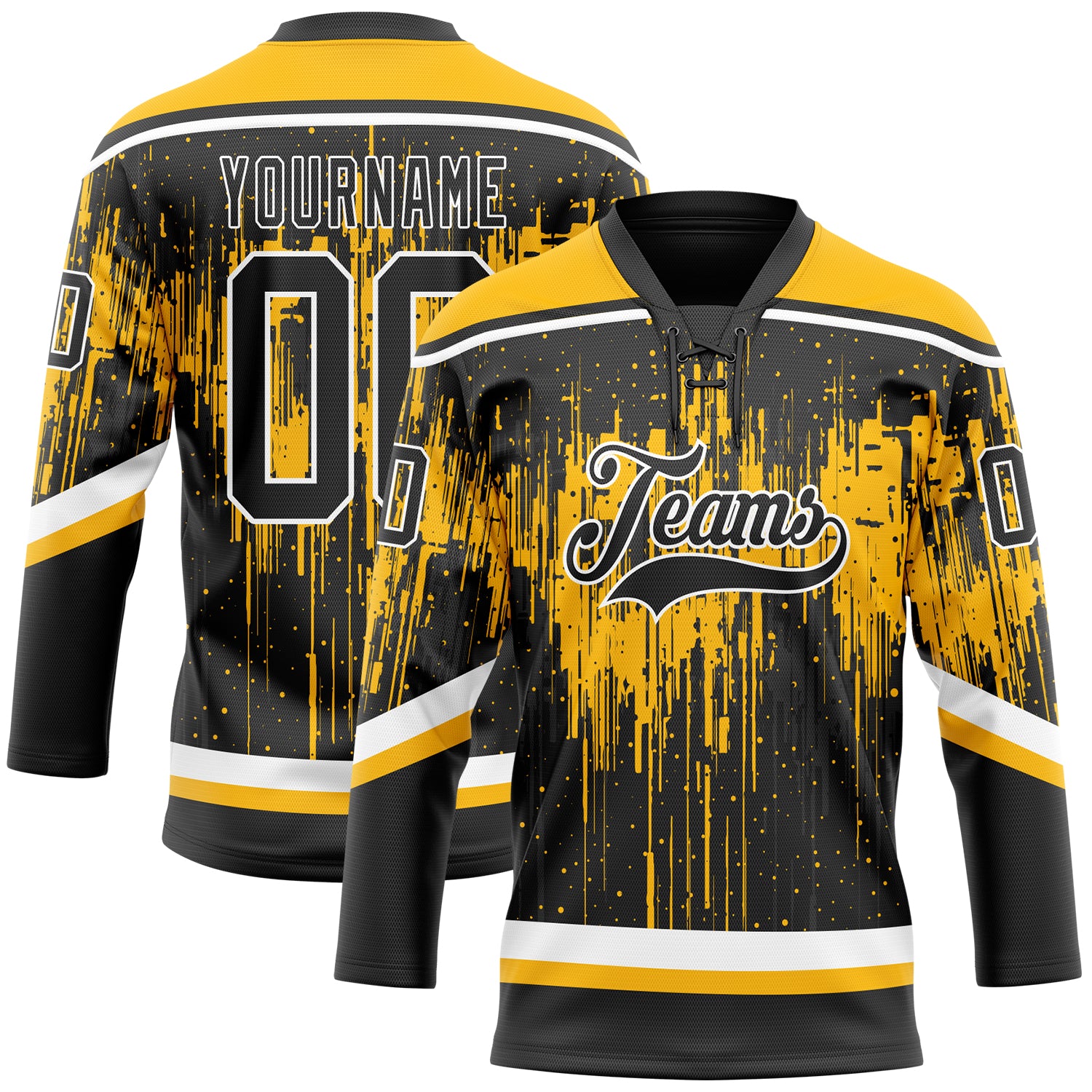 Custom Black Gold Steel Gray-White Dripping Splatter Pattern Hockey Lace Neck Jersey