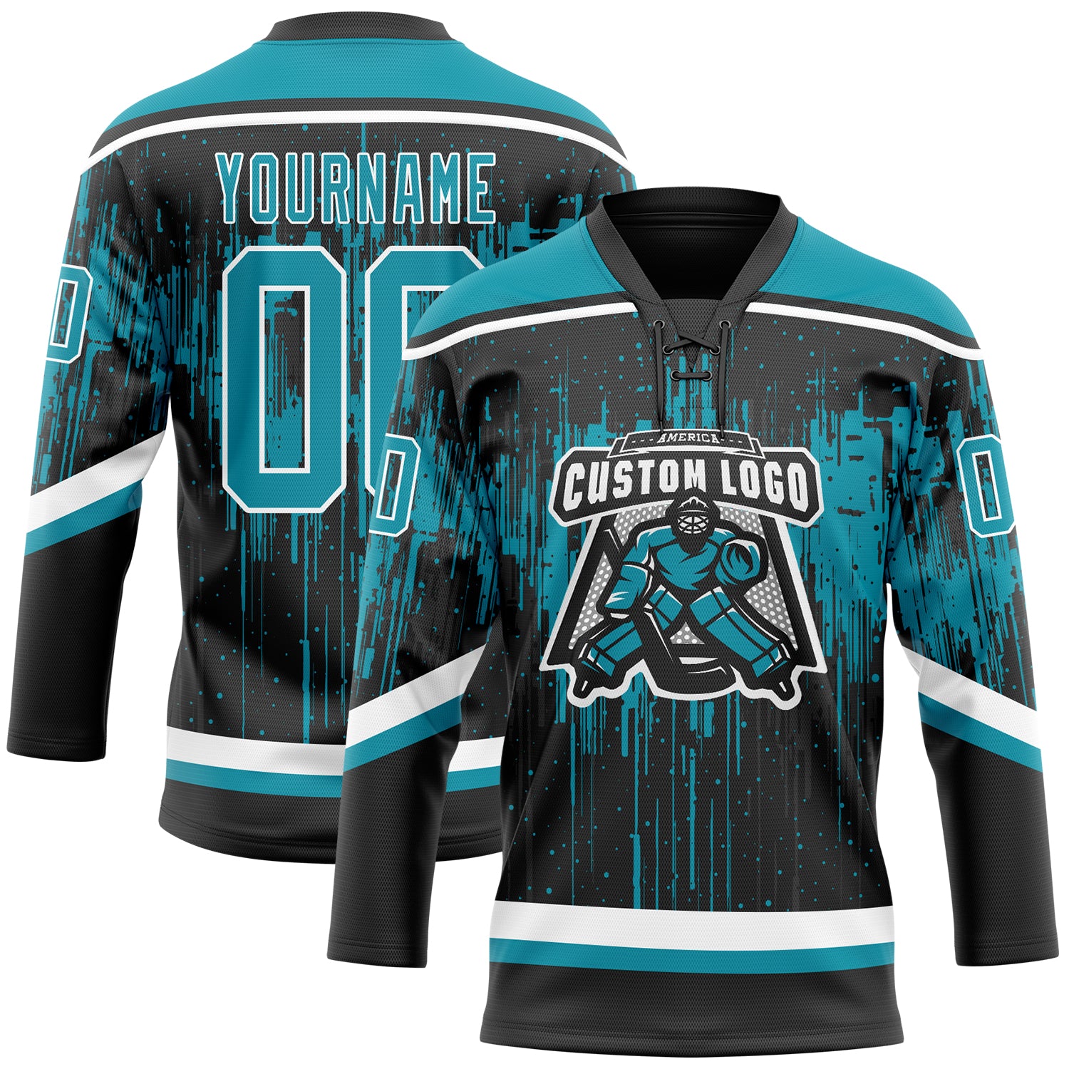 Custom Black Teal Steel Gray-White Dripping Splatter Pattern Hockey Lace Neck Jersey