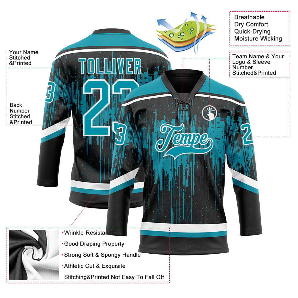 Custom Black Teal Steel Gray-White Dripping Splatter Pattern Hockey Lace Neck Jersey
