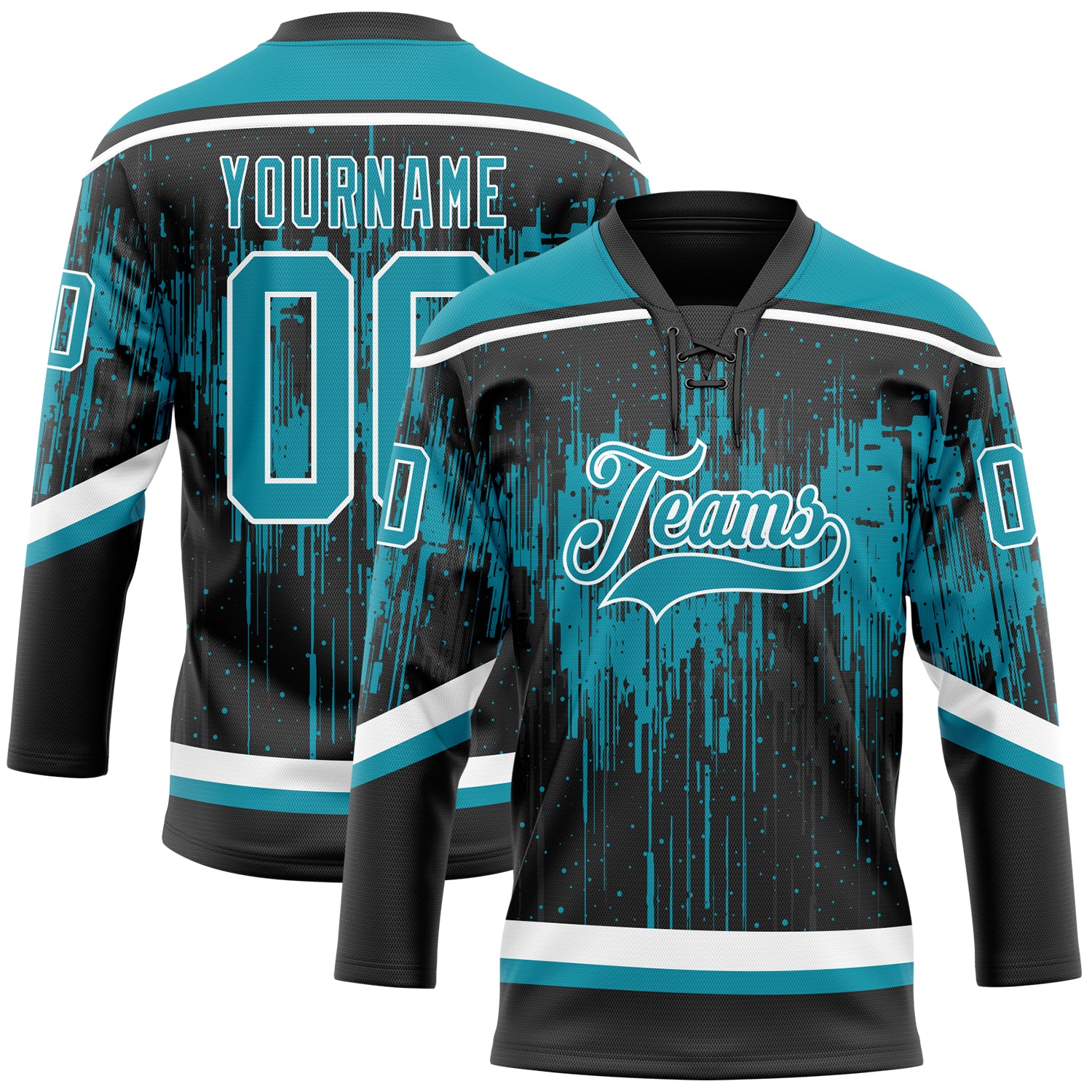 Custom Black Teal Steel Gray-White Dripping Splatter Pattern Hockey Lace Neck Jersey