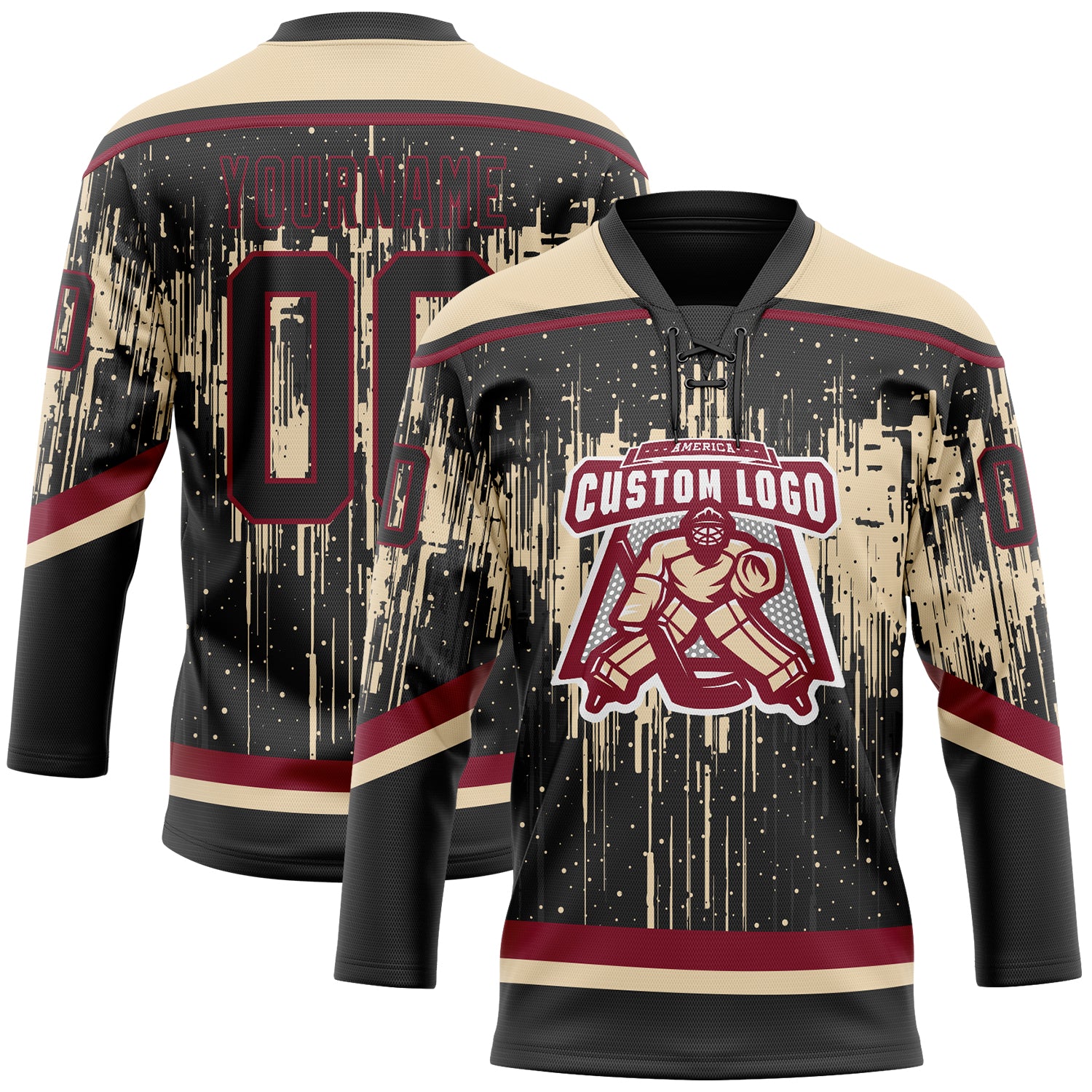Custom Black City Cream Crimson-Steel Gray Dripping Splatter Pattern Hockey Lace Neck Jersey