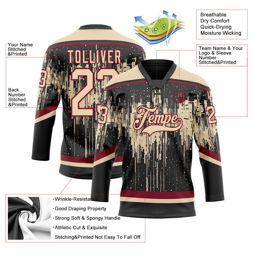 Custom Black City Cream Crimson-Steel Gray Dripping Splatter Pattern Hockey Lace Neck Jersey