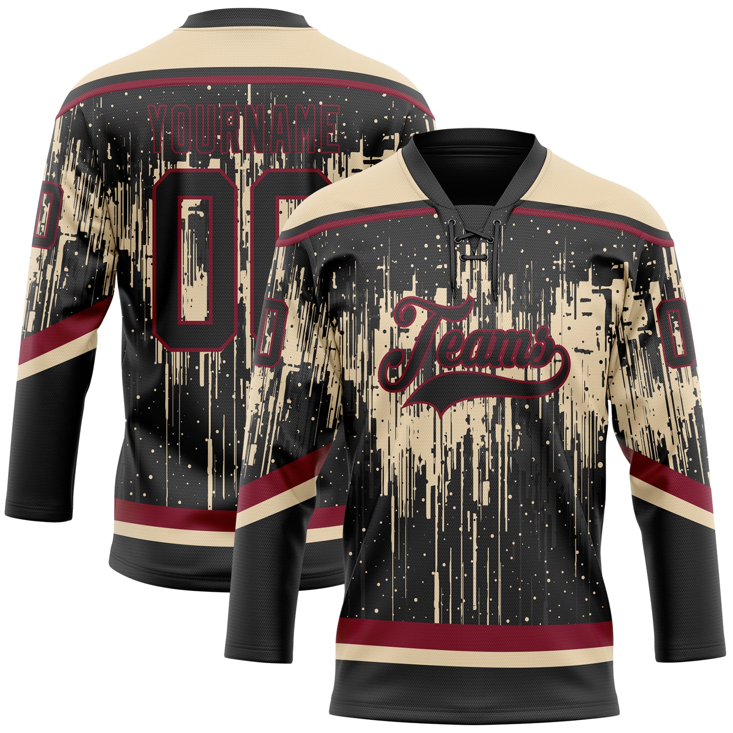 Custom Black City Cream Crimson-Steel Gray Dripping Splatter Pattern Hockey Lace Neck Jersey