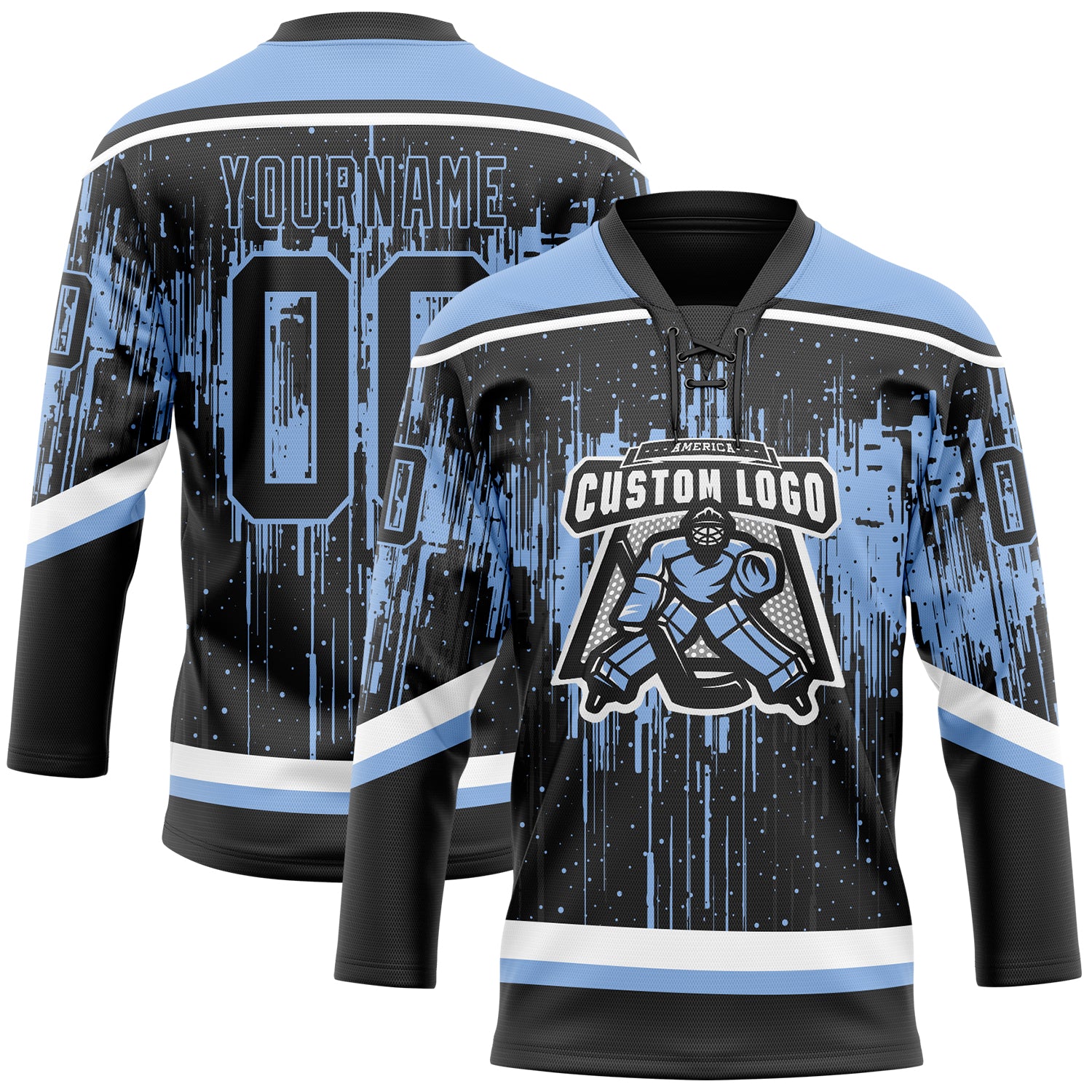 Custom Black Light Blue Steel Gray-White Dripping Splatter Pattern Hockey Lace Neck Jersey