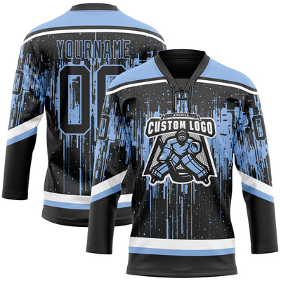 Custom Black Light Blue Steel Gray-White Dripping Splatter Pattern Hockey Lace Neck Jersey
