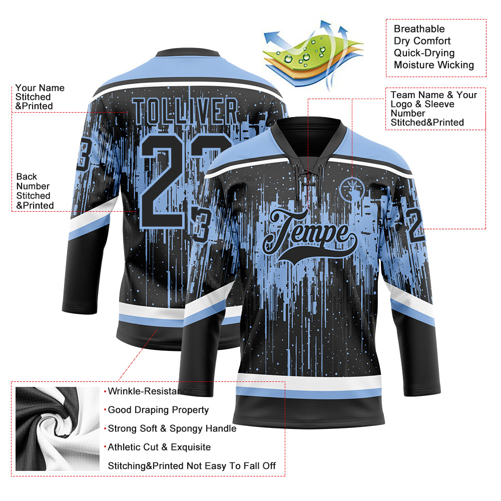 Custom Black Light Blue Steel Gray-White Dripping Splatter Pattern Hockey Lace Neck Jersey