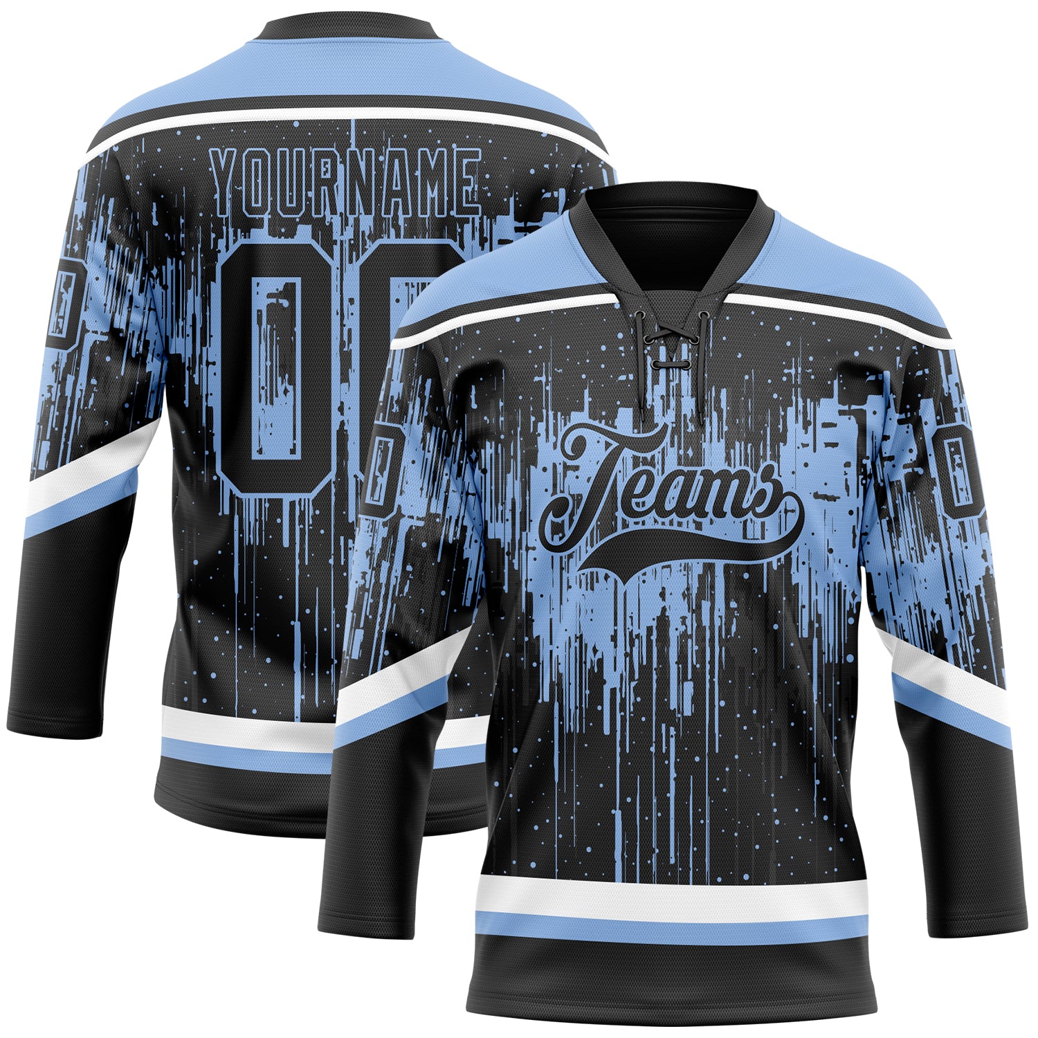Custom Black Light Blue Steel Gray-White Dripping Splatter Pattern Hockey Lace Neck Jersey