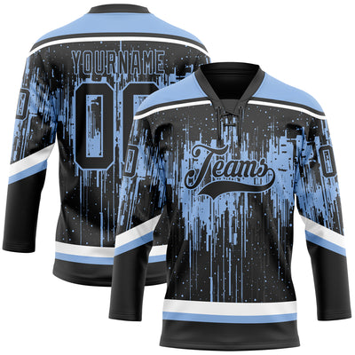 Custom Black Light Blue Steel Gray-White Dripping Splatter Pattern Hockey Lace Neck Jersey