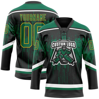 Custom Black Kelly Green Gold Steel Gray-White Dripping Splatter Pattern Hockey Lace Neck Jersey
