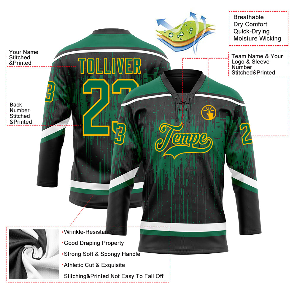 Custom Black Kelly Green Gold Steel Gray-White Dripping Splatter Pattern Hockey Lace Neck Jersey