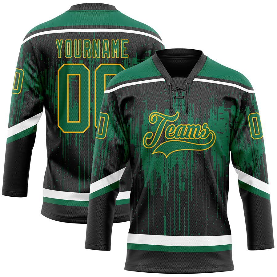 Custom Black Kelly Green Gold Steel Gray-White Dripping Splatter Pattern Hockey Lace Neck Jersey