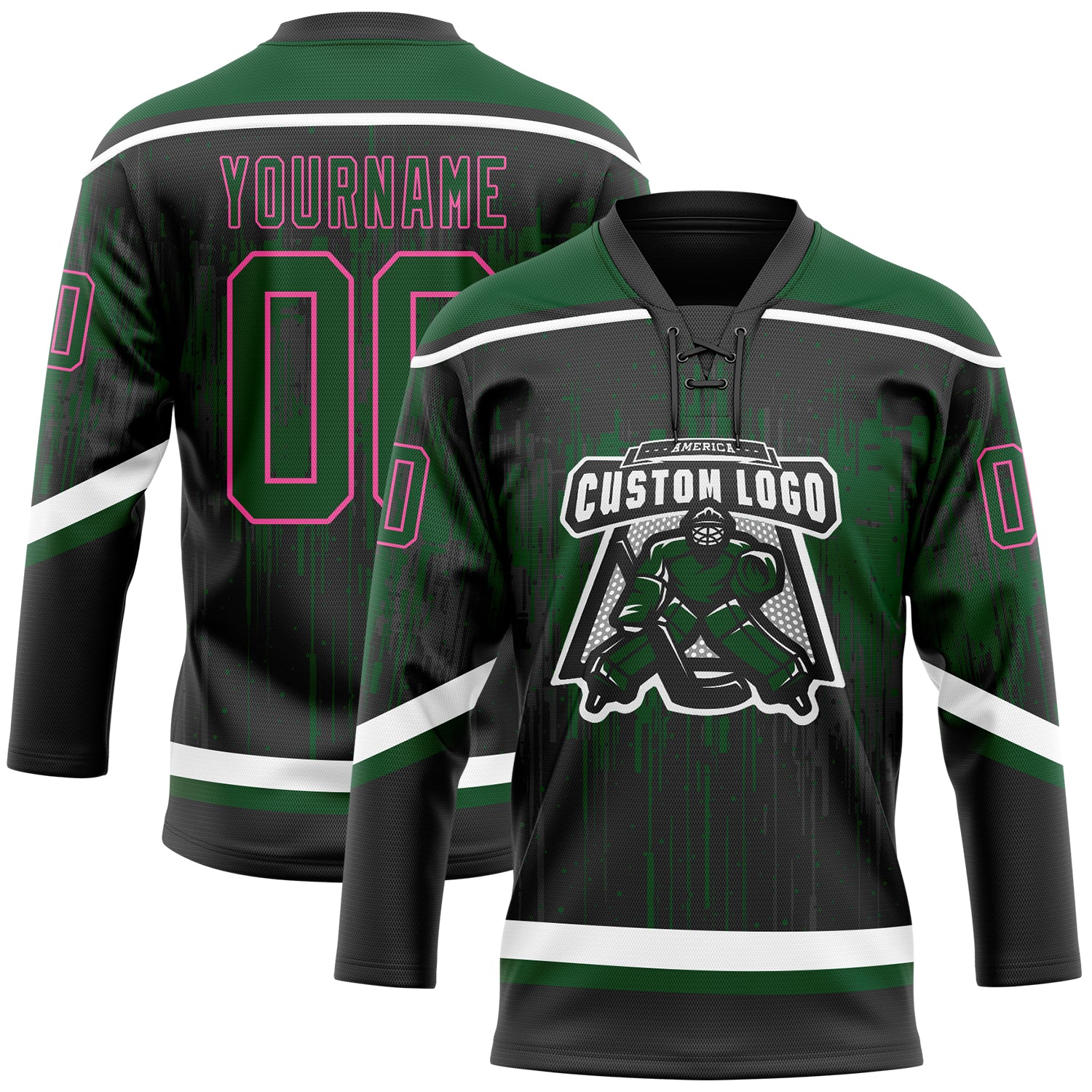 Custom Black Green Pink Steel Gray-White Dripping Splatter Pattern Hockey Lace Neck Jersey