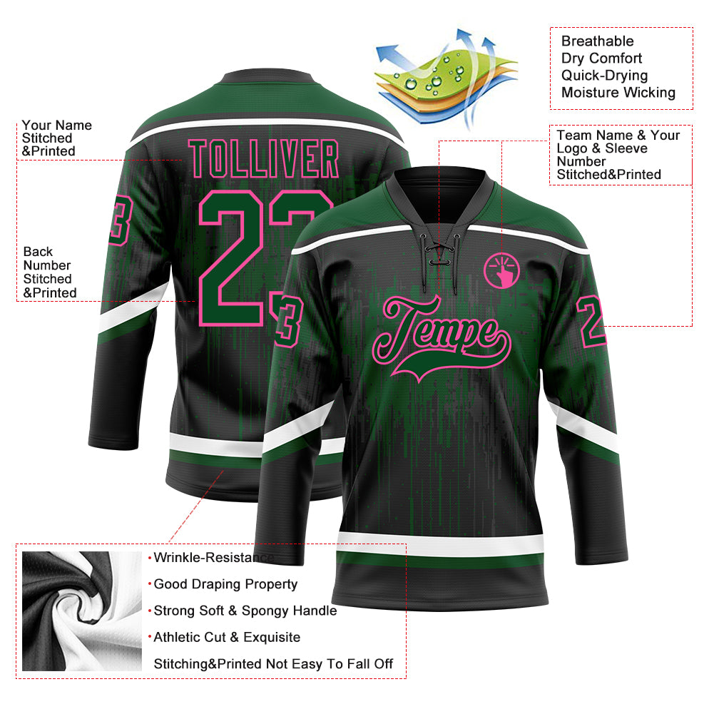Custom Black Green Pink Steel Gray-White Dripping Splatter Pattern Hockey Lace Neck Jersey