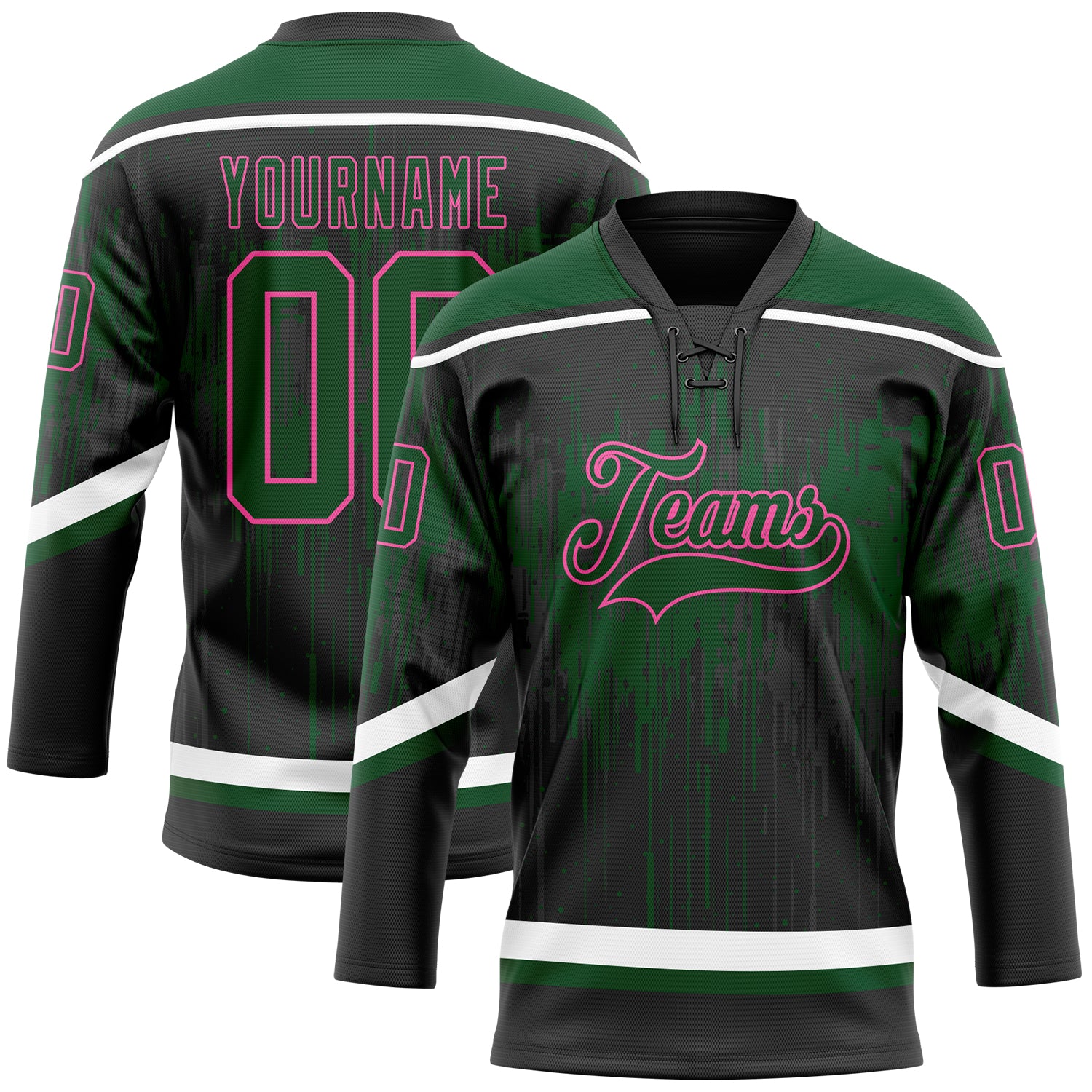 Custom Black Green Pink Steel Gray-White Dripping Splatter Pattern Hockey Lace Neck Jersey