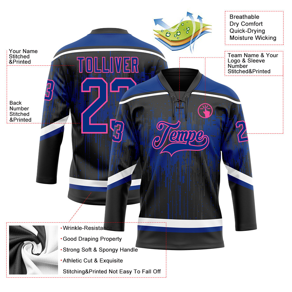 Custom Black Royal Pink Steel Gray-White Dripping Splatter Pattern Hockey Lace Neck Jersey