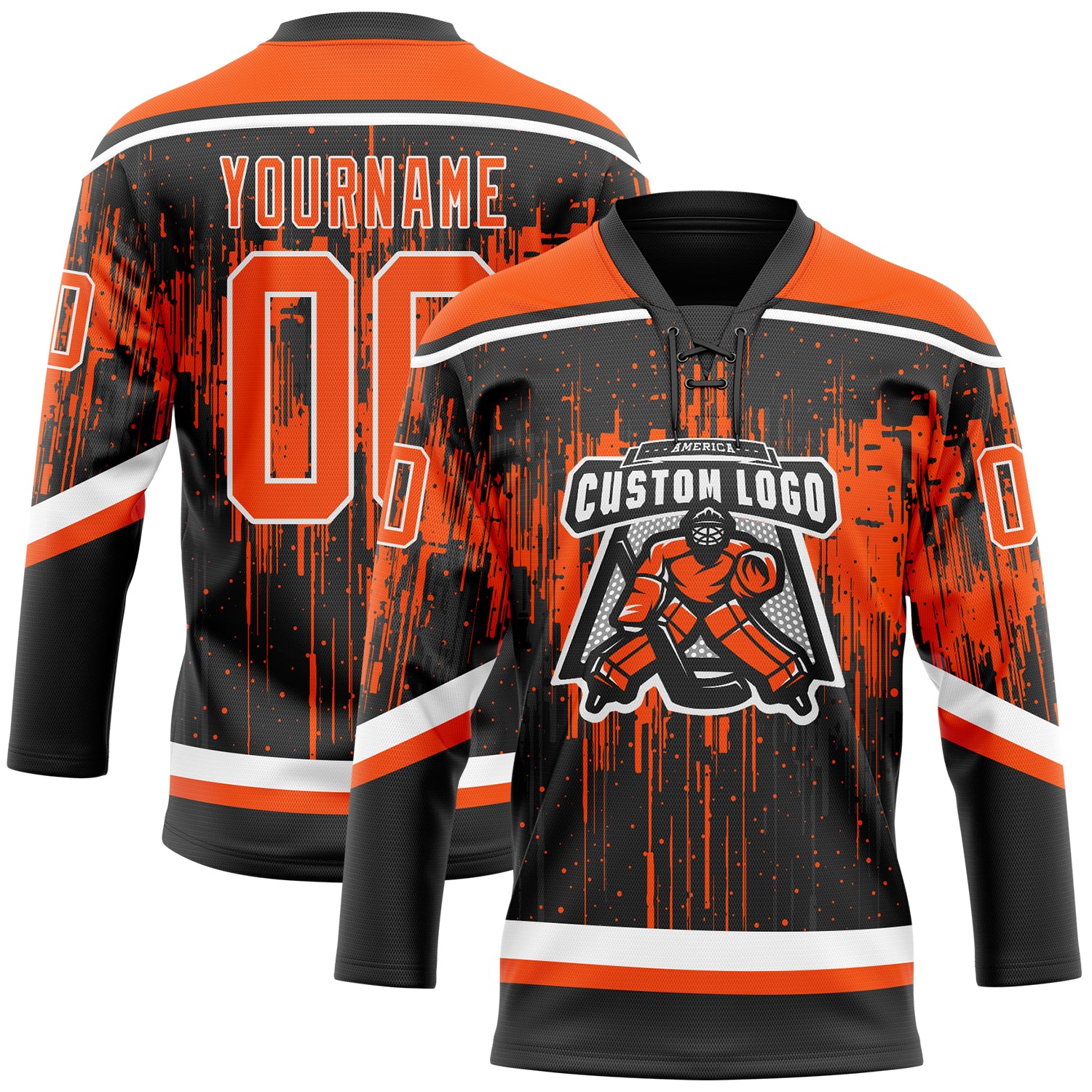 Custom Black Orange Steel Gray-White Dripping Splatter Pattern Hockey Lace Neck Jersey