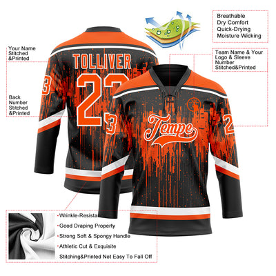 Custom Black Orange Steel Gray-White Dripping Splatter Pattern Hockey Lace Neck Jersey