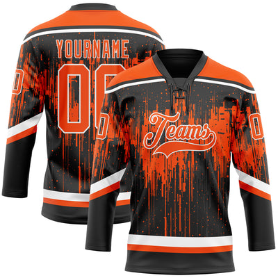 Custom Black Orange Steel Gray-White Dripping Splatter Pattern Hockey Lace Neck Jersey