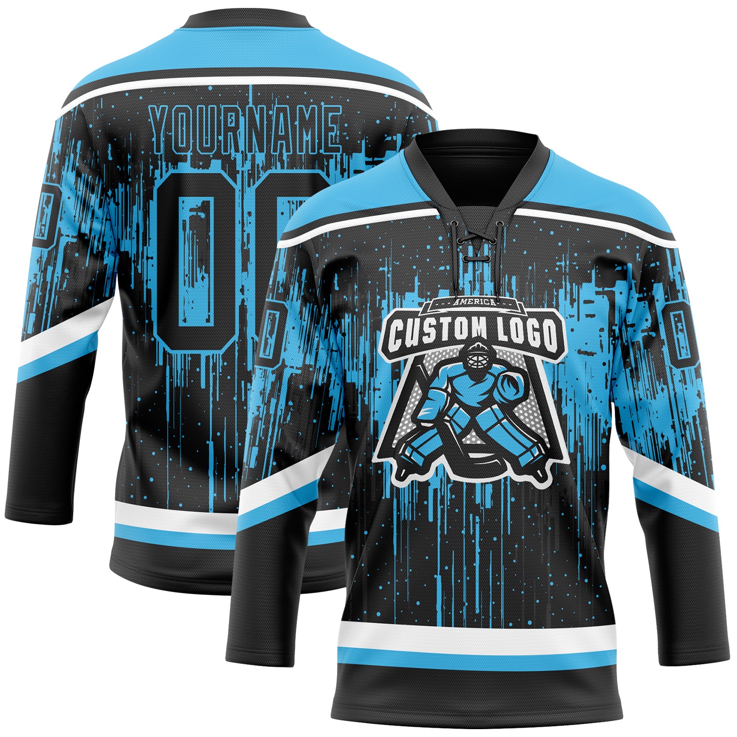 Custom Black Sky Blue Steel Gray-White Dripping Splatter Pattern Hockey Lace Neck Jersey