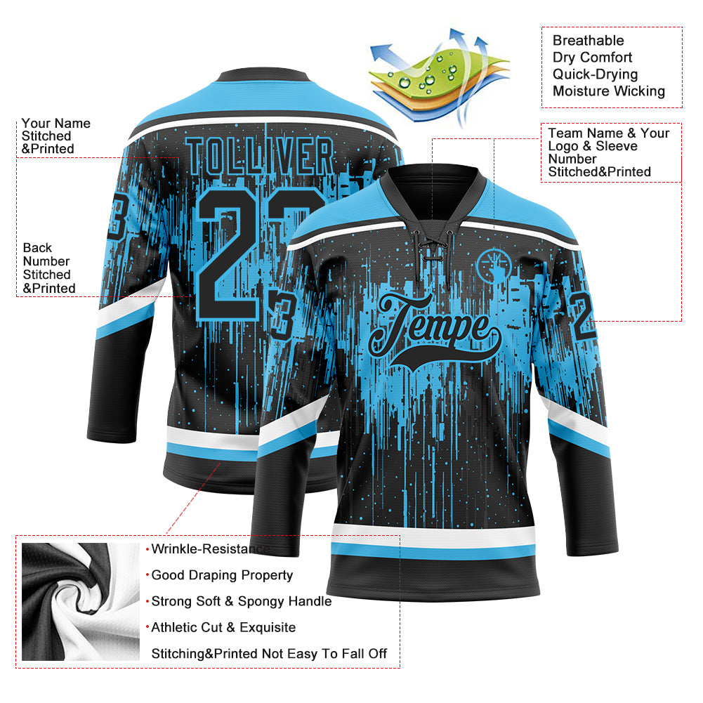 Custom Black Sky Blue Steel Gray-White Dripping Splatter Pattern Hockey Lace Neck Jersey