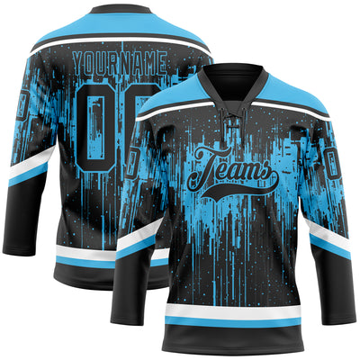 Custom Black Sky Blue Steel Gray-White Dripping Splatter Pattern Hockey Lace Neck Jersey