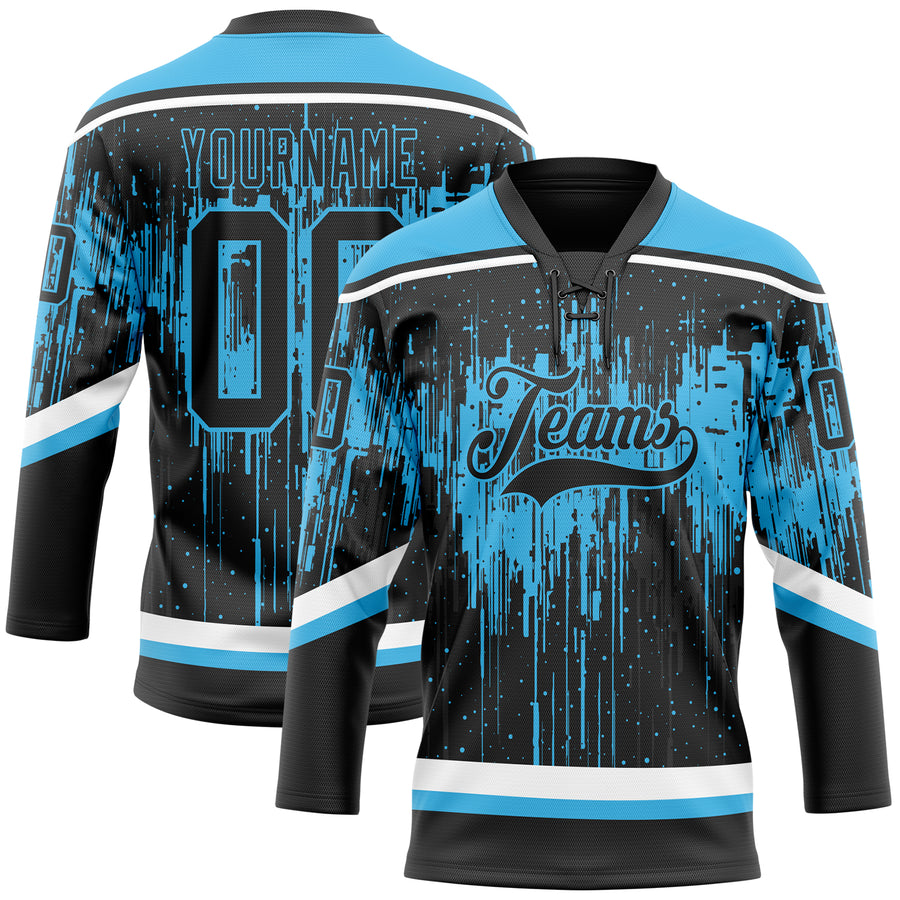 Custom Black Sky Blue Steel Gray-White Dripping Splatter Pattern Hockey Lace Neck Jersey