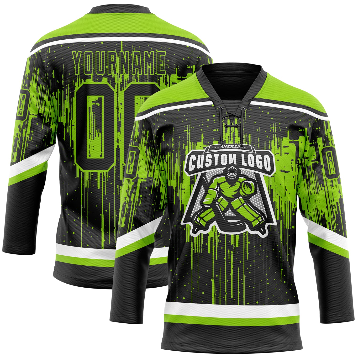 Custom Black Neon Green Steel Gray-White Dripping Splatter Pattern Hockey Lace Neck Jersey
