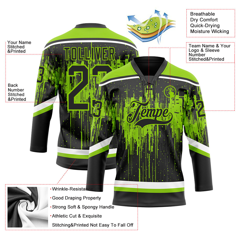 Custom Black Neon Green Steel Gray-White Dripping Splatter Pattern Hockey Lace Neck Jersey