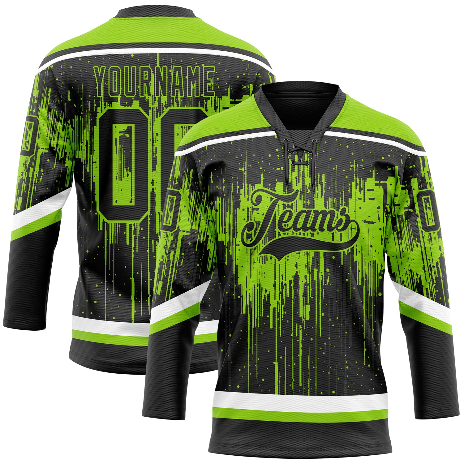 Custom Black Neon Green Steel Gray-White Dripping Splatter Pattern Hockey Lace Neck Jersey