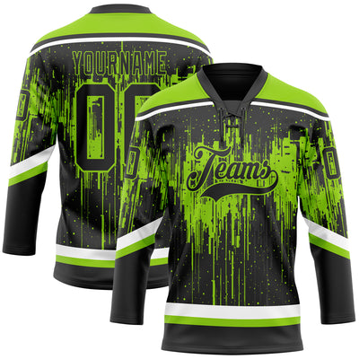 Custom Black Neon Green Steel Gray-White Dripping Splatter Pattern Hockey Lace Neck Jersey