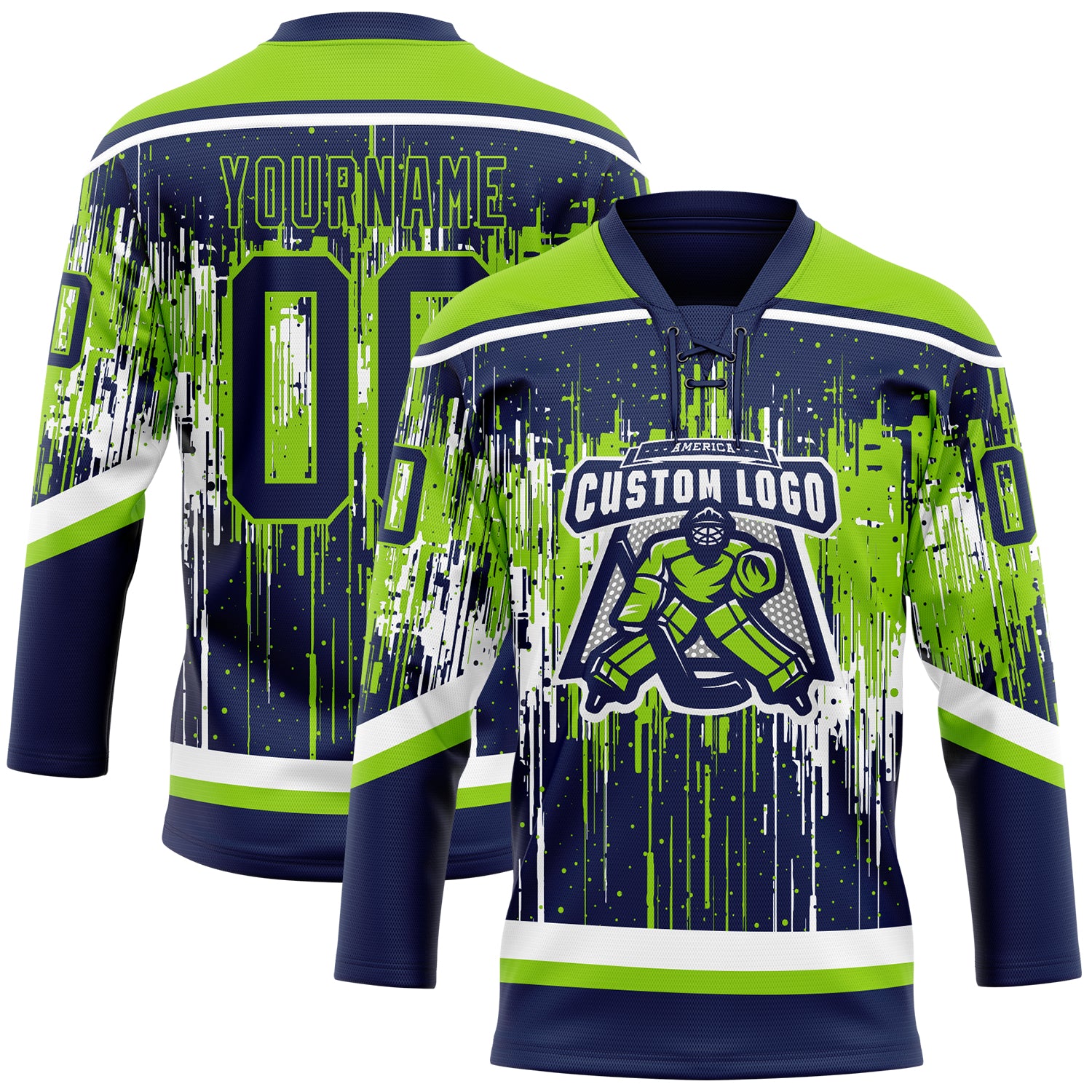 Custom Navy Neon Green-White Dripping Splatter Pattern Hockey Lace Neck Jersey