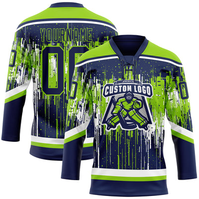 Custom Navy Neon Green-White Dripping Splatter Pattern Hockey Lace Neck Jersey