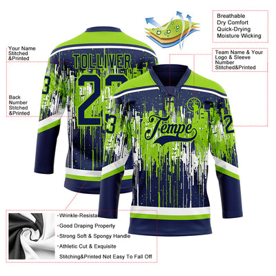 Custom Navy Neon Green-White Dripping Splatter Pattern Hockey Lace Neck Jersey