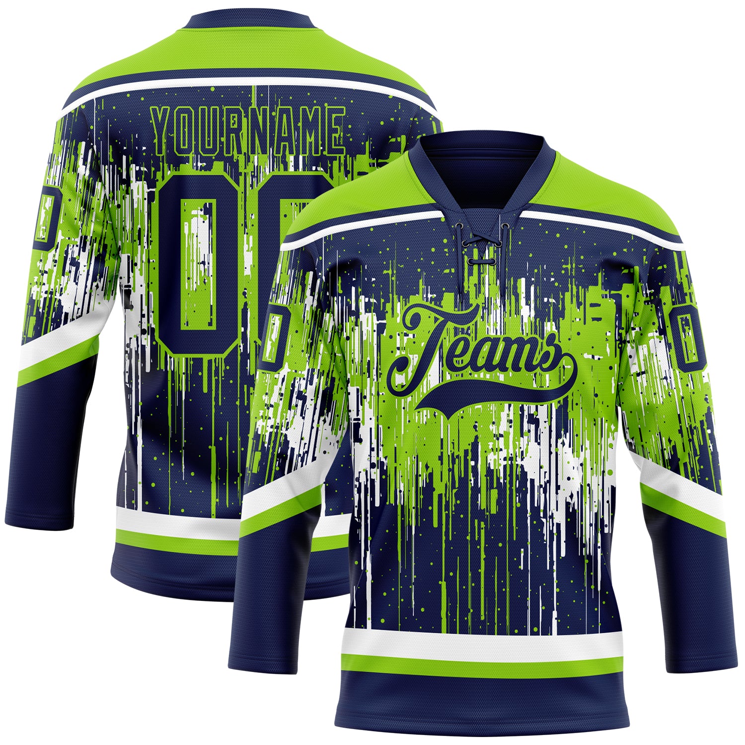 Custom Navy Neon Green-White Dripping Splatter Pattern Hockey Lace Neck Jersey