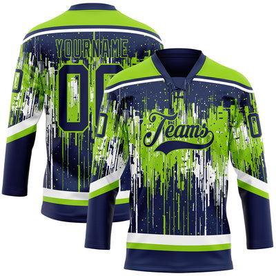 Custom Navy Neon Green-White Dripping Splatter Pattern Hockey Lace Neck Jersey