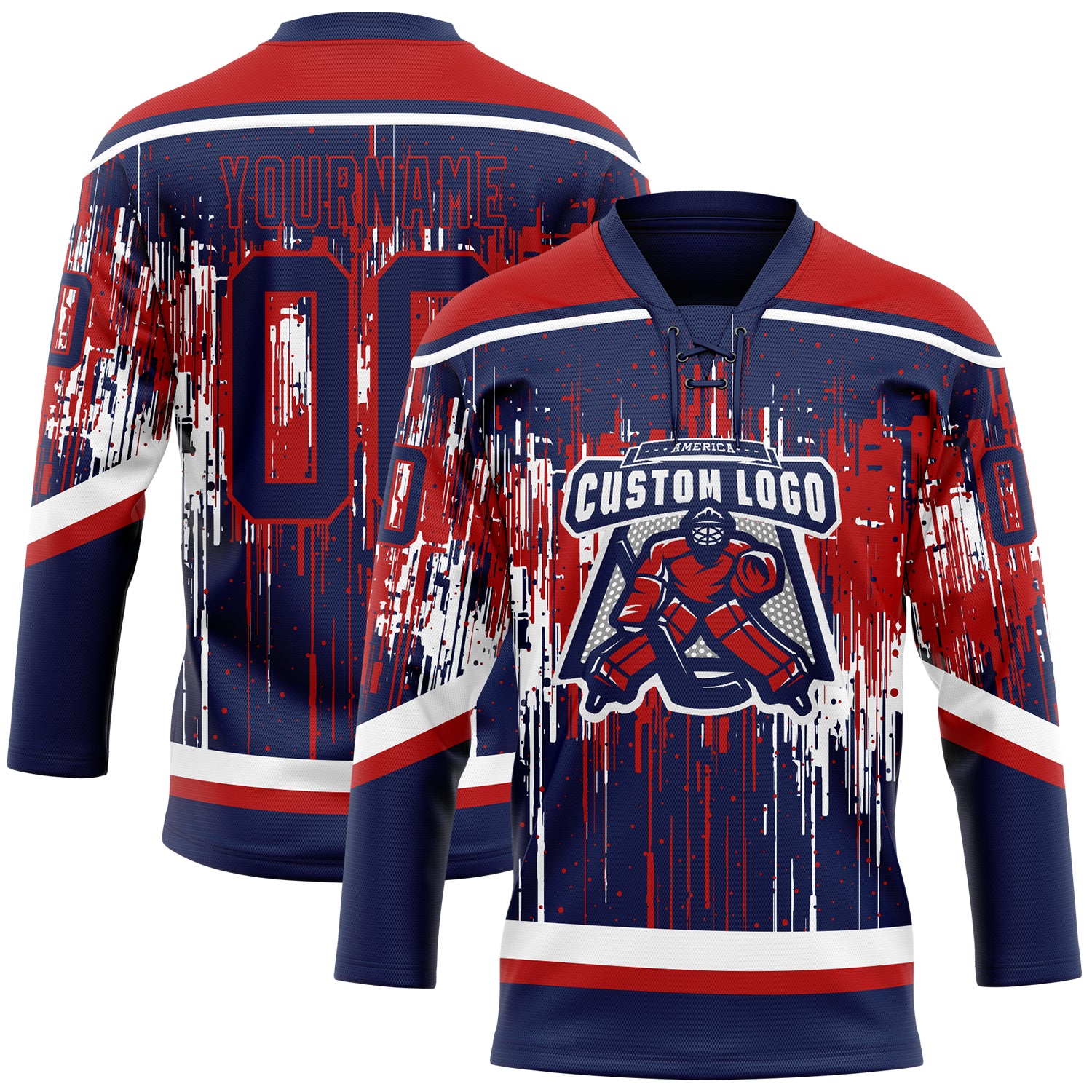 Custom Navy Red-White Dripping Splatter Pattern Hockey Lace Neck Jersey