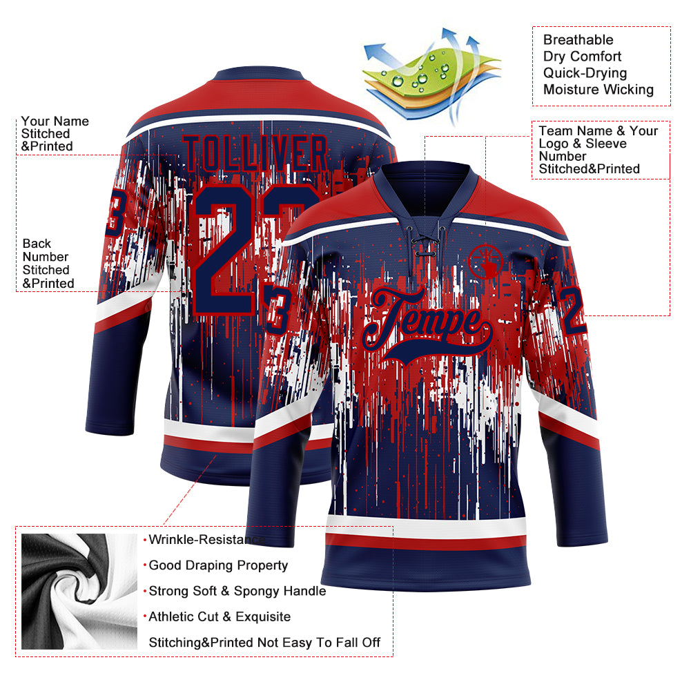 Custom Navy Red-White Dripping Splatter Pattern Hockey Lace Neck Jersey