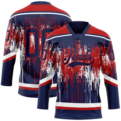 Custom Navy Red-White Dripping Splatter Pattern Hockey Lace Neck Jersey