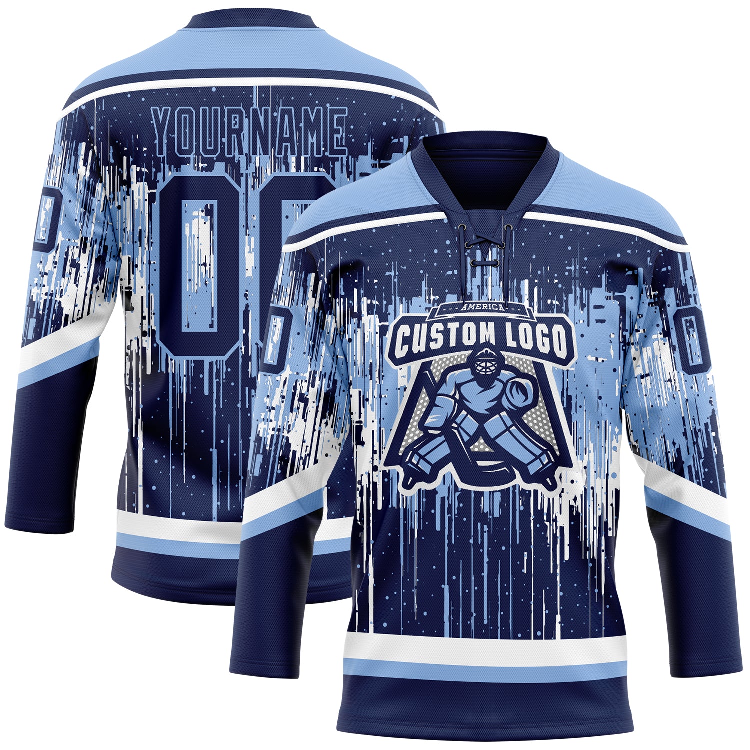 Custom Navy Light Blue-White Dripping Splatter Pattern Hockey Lace Neck Jersey