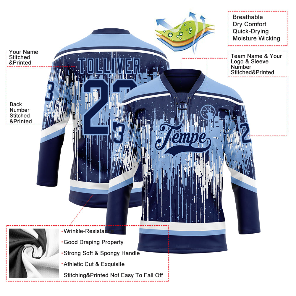 Custom Navy Light Blue-White Dripping Splatter Pattern Hockey Lace Neck Jersey