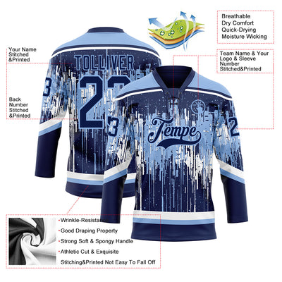 Custom Navy Light Blue-White Dripping Splatter Pattern Hockey Lace Neck Jersey