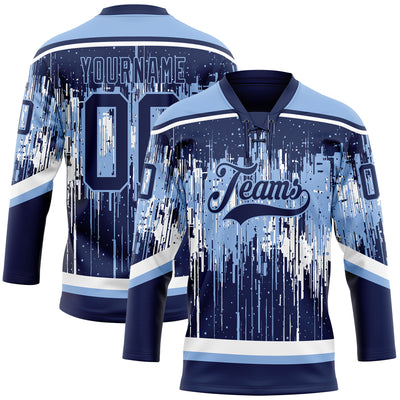 Custom Navy Light Blue-White Dripping Splatter Pattern Hockey Lace Neck Jersey