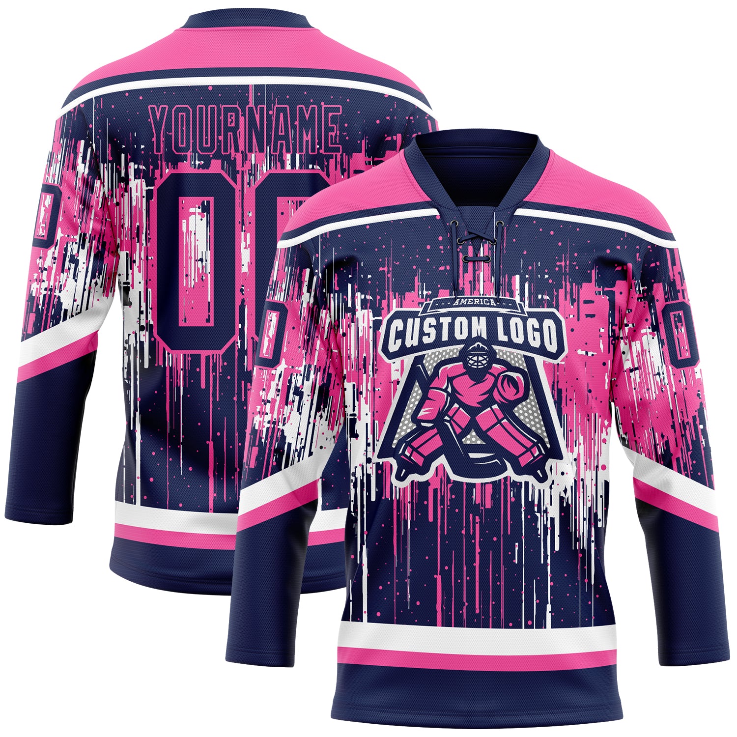 Custom Navy Pink-White Dripping Splatter Pattern Hockey Lace Neck Jersey
