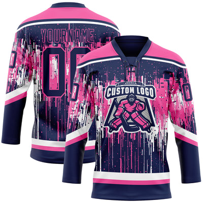 Custom Navy Pink-White Dripping Splatter Pattern Hockey Lace Neck Jersey