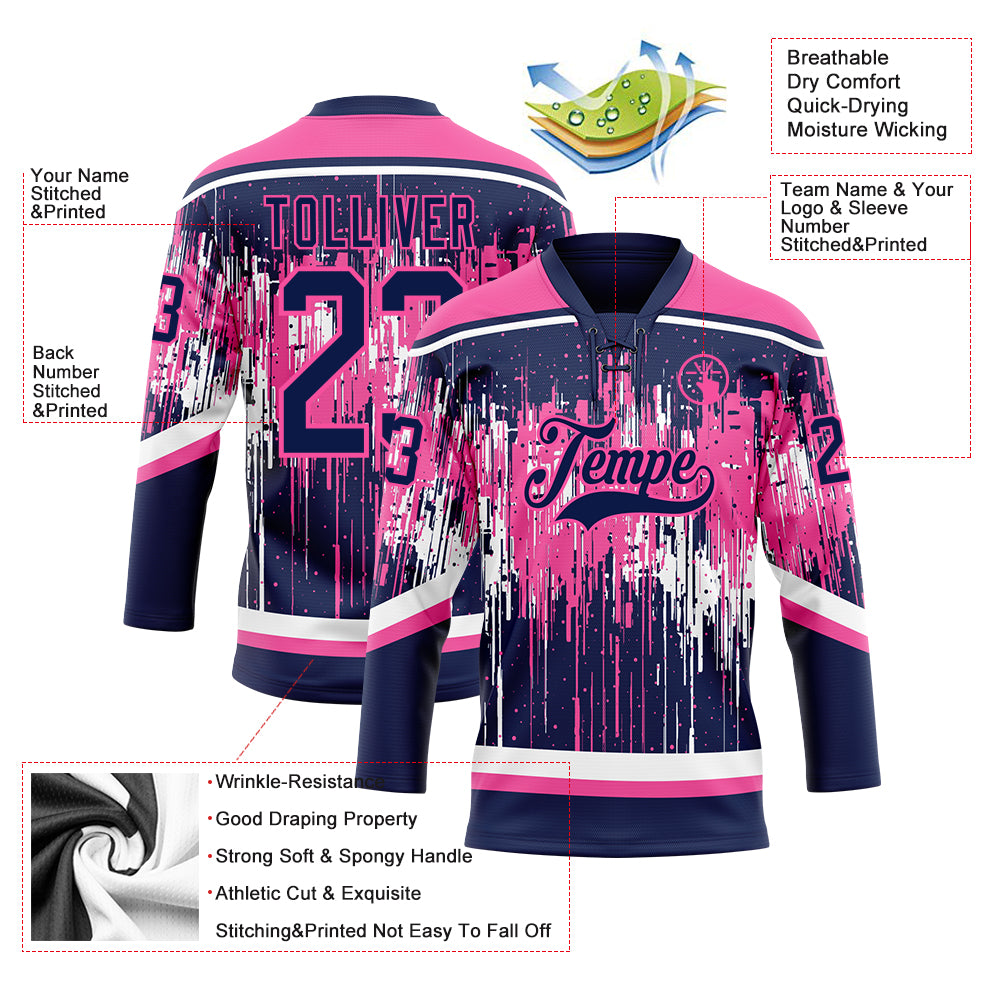 Custom Navy Pink-White Dripping Splatter Pattern Hockey Lace Neck Jersey